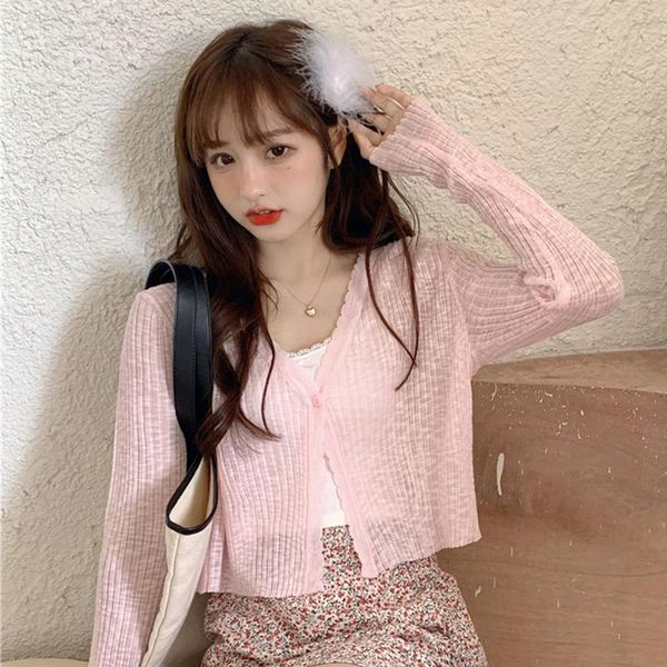 

women's blouses & shirts lucyever korean sweet v-neck knitted cardigan women summer sunscreen long sleeve short woman solid color thin, White