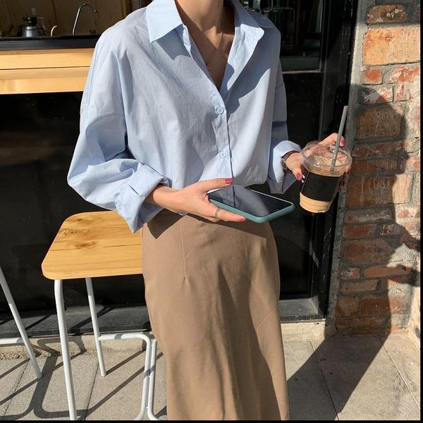 

basic loose solid women shirt long sleeve casual blusas camisas mujer 4 colors, White