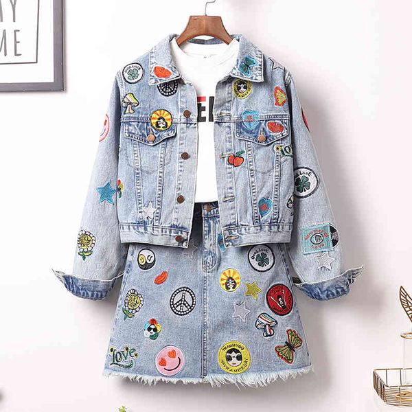

two piece dress ichoix autumn winter arrivals clothes denim jacket and short skirt embroidered set of two pieces d04j, White