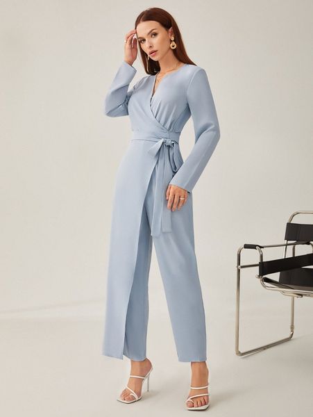 

surplice neck belted solid jumpsuit q71s#, White