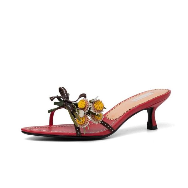 

slippers 2021 summer fashion women exquisite design flower decoration 5.5cm stiletto shoes open-toed sandals, Black