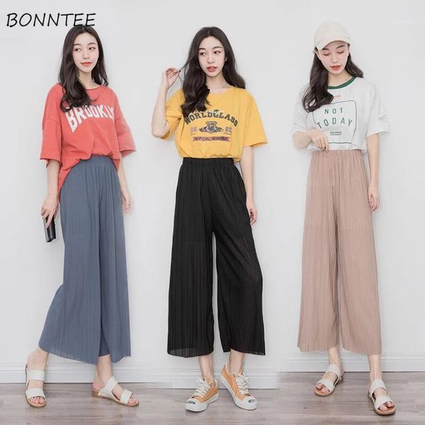 

women's pants & capris women elastic high waist solid pleated loose womens wide leg ankle-length pant leisure all-match korean style tr, Black;white
