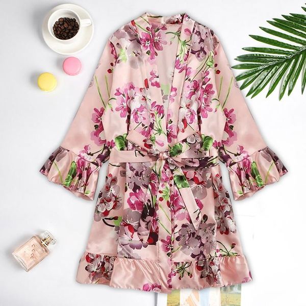 

women's sleepwear women robe ladies silk underwear lingerie nightdress dress loose thin nightgown floral pajamas, Black;red