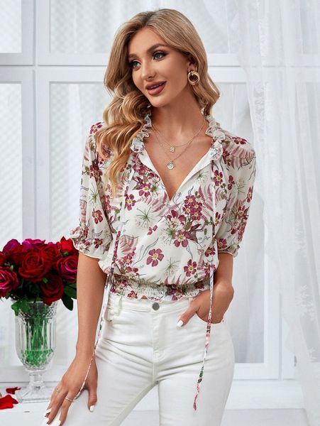 

floral print frill tie neck chiffon blouse 181b#, White