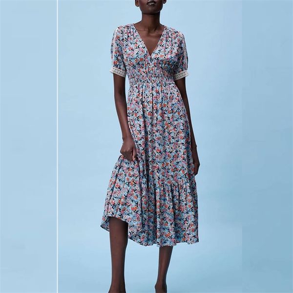 

women summer vintage za a-line dress short sleeve v-neck floral print lace female elegant mid-calf dresses clothes vestidos 210513, Black;gray