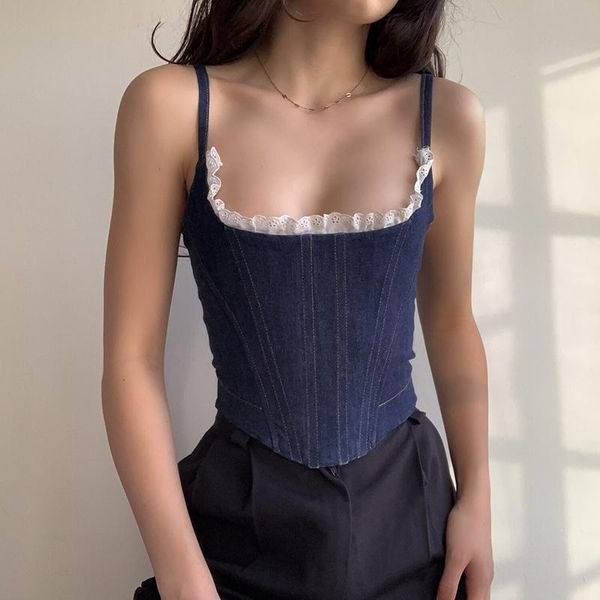 

denim tank women zipper boning lace patchwork square neck backless cropped bustier lady casual streetwear jeans vest women's tanks & ca, White