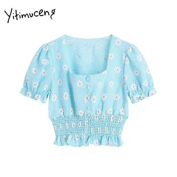 Yitimuceng Floral Cópia Blusa Botão das Mulheres Camisas Slim Spruff Shape Collar Quadrado Luz Azul Verão Coreano Fashion Tops 210601