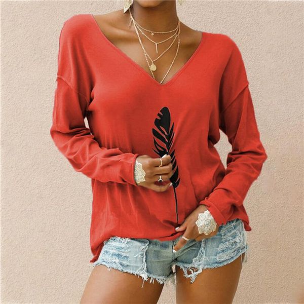 

leaf print v neck t shirt ladies casual long sleeves soft tees street style loose female women's t-shirt, White