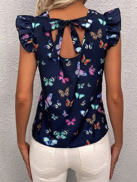 

butterfly print tie back butterfly sleeve blouse e6kg#, White
