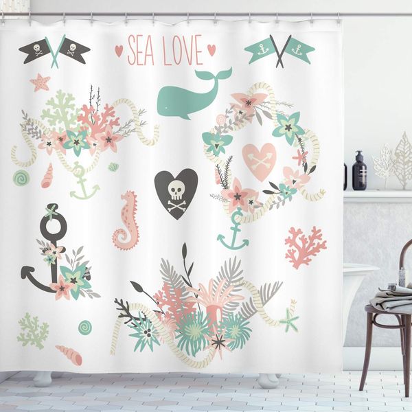 

nautical shower curtain, summertime ocean flowers bouquets wreath sea love pirates theme, cloth fabric bathroom decor set with