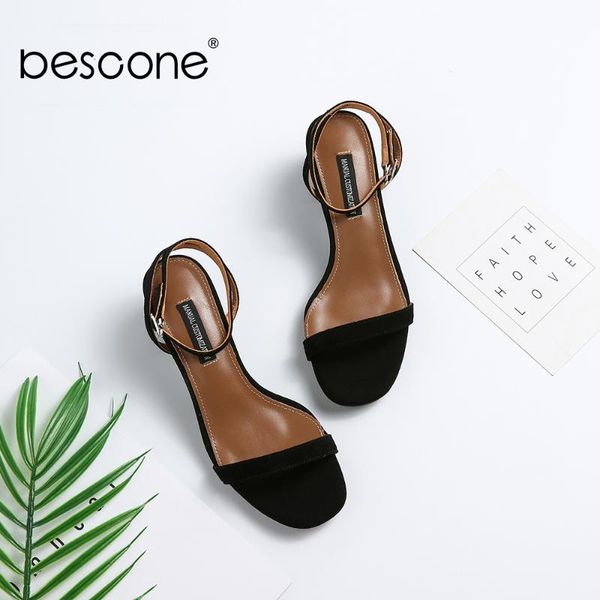 

dress shoes bescone square heel concise narrow band sandals women 2021 summer soft ankle buckle dressing toe flock um135, Black