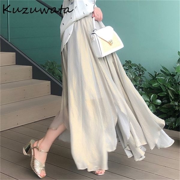 

kuzuwata spring high waist women skirts chic irregular glossy design jupe fashion office lady elegant temperament skirt 210319, Black