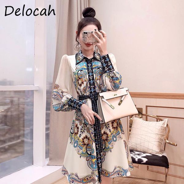 

casual dresses delocah women autumn fashion designerÂ party short dress sashes beading lantern sleeve print shirt style ladies a-line, Black;gray