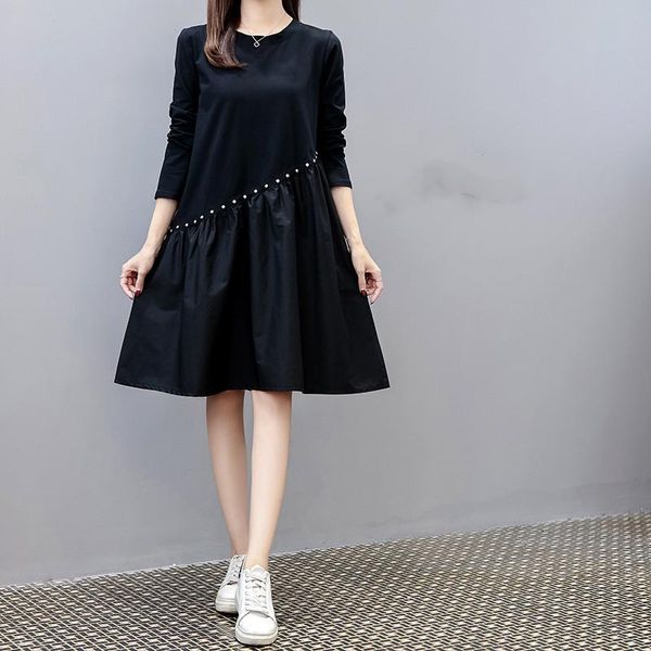 

autumn and winter plus size stitching irregular dress rivet patchwork long sleeved solid color knee-length a-line casual dresses, Black;gray
