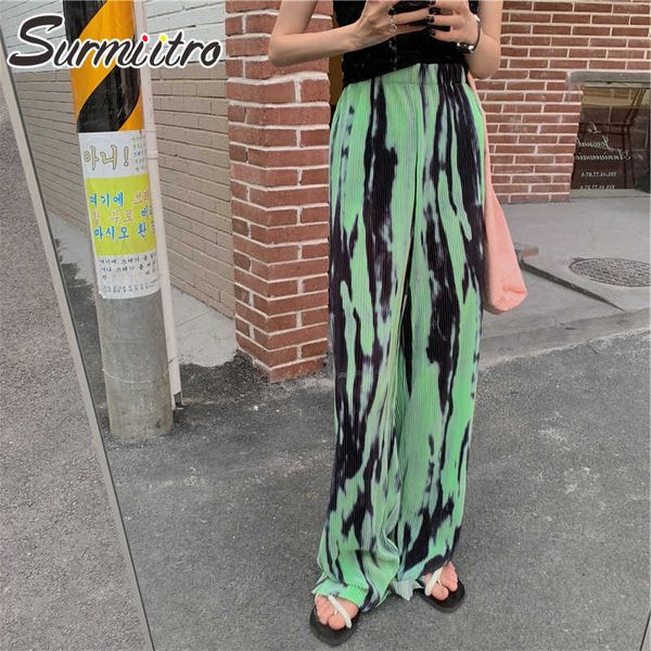 SURMIITRO Satin Tie Dye Piano Lunghezza Gamba larga Pantaloni lunghi larghi Donna Estate Stile coreano Pantaloni a pieghe a vita alta femminile 210712