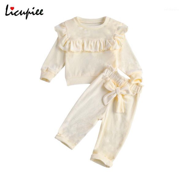 

0-12 months toddler baby girls smooth velvet outfit sets, round neck ruffle trim elastic waist bowknot pant clothes clothing sets1, White