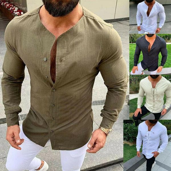 

yoga outfits mens long sleeve henley shirt cotton linen beach loose fit blouse, White;red