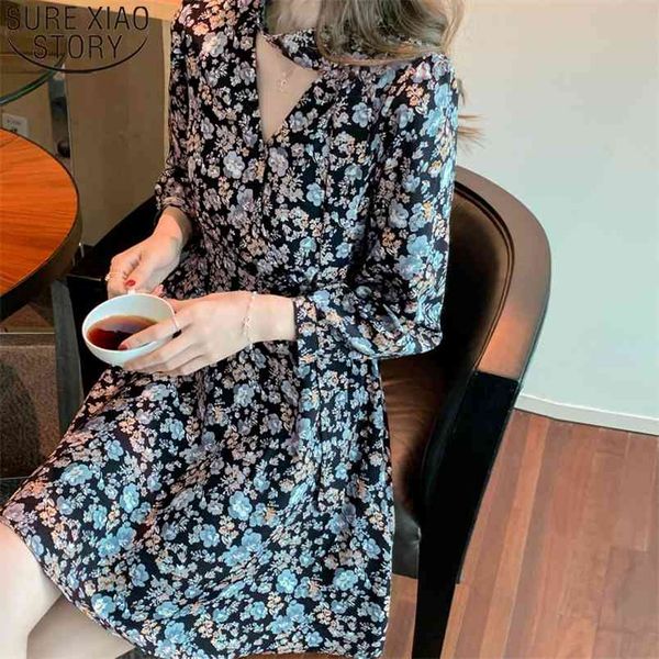 

french style floral dress vintage print es women chiffon mini es spring long sleeve bottoming v-neck 13073 210506, Black;gray