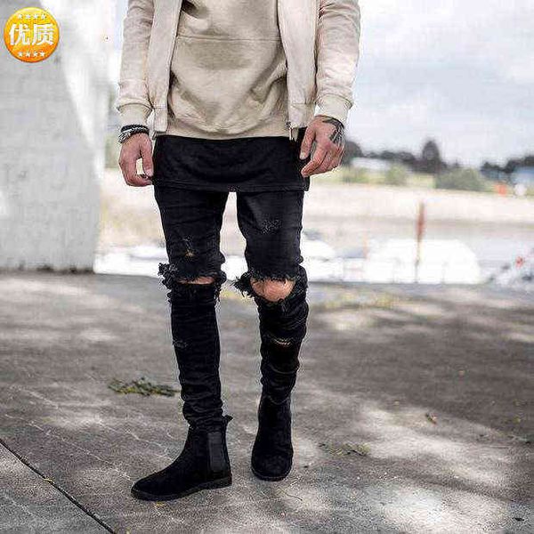 

men's jeans high street big damage slim jeans trendy men's knee hole leggings, Blue