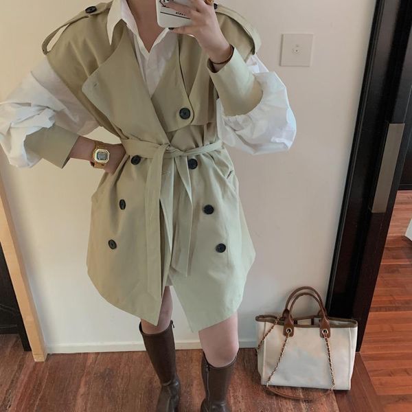 

women's trench coats long-sleeved shirt casual double-breasted coat 2021 summer loose ladies clothing windbreaker chic 2-piece set, Tan;black