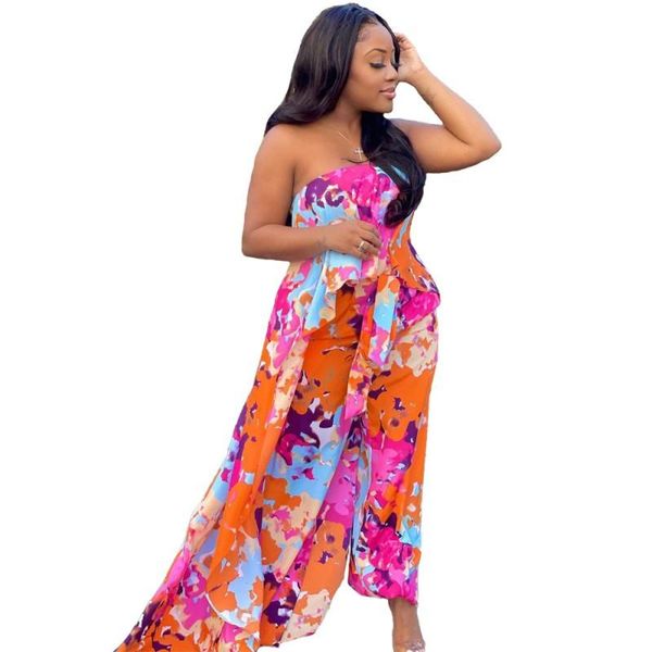 

african clothes women jumpsuit with shawl cape strapless lace up high waist rompers fashion print outfits jumpsuits ethnic clothing, Red