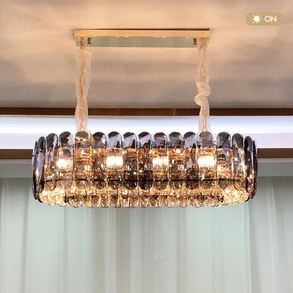 

modern luxury dining room lighting lamp gray k9 crystal e14 pendant lights gold metal chain suspend light led droplight fixtures