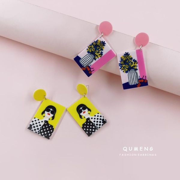 

original ddesign colorful figure oil painting printing acrylic square geometric simple earrings for women inspired jewelry dangle & chandeli, Silver