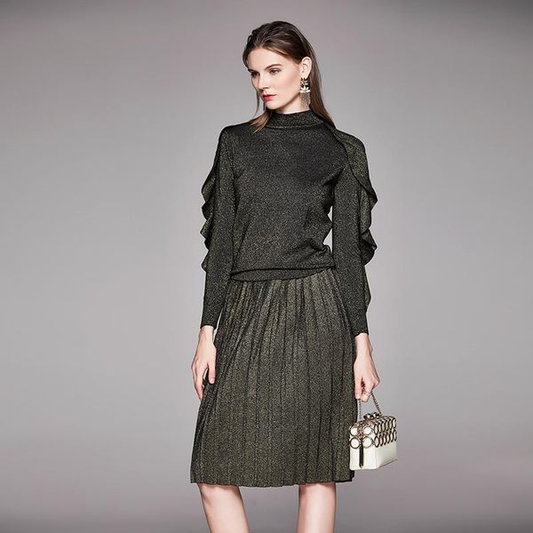 

two piece dress autumn winter army green shining knitted 2 set women ruffles long sleeve pullover + pleated knit midi skirt suit k8116, White