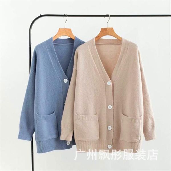 

running jackets v-neck women knitted cardigans sweater solid color autumn long sleeve loose coat pocket casual button thick female 2021, Black;red