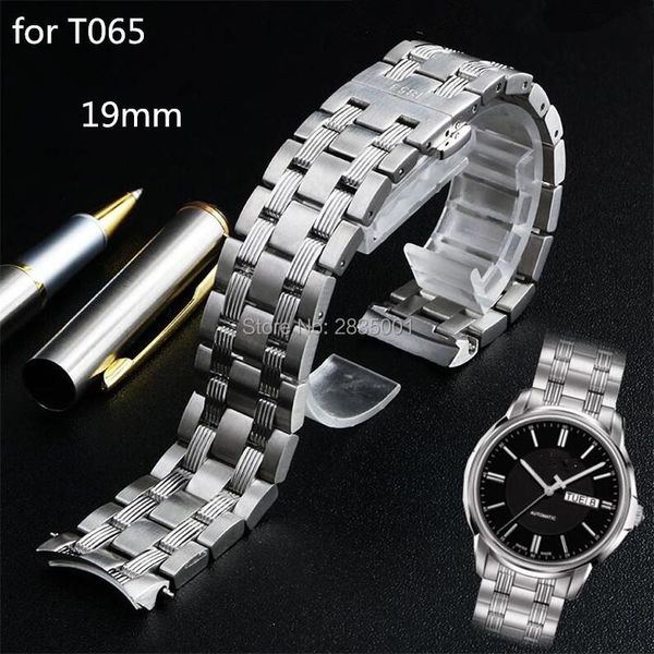 

watch bands superior quality silver stainless steel watchband 19mm for t065.430 curved end solid band push-button, Black;brown