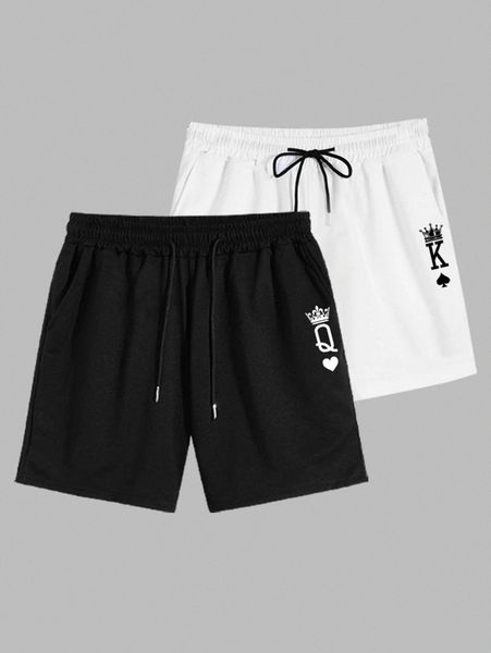 

men 2pcs drawstring waist playing card print shorts p9oa#, Black
