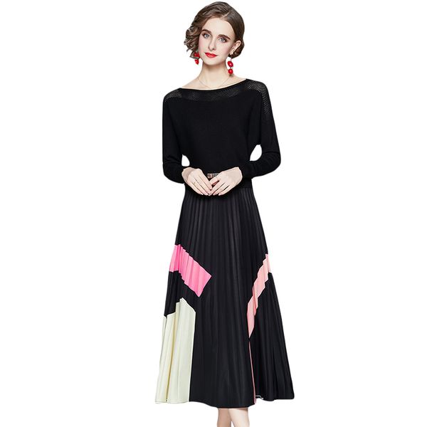 

fashion designer womens elegant knitted pleated dress female office party robe black vintage pleated dresses vestidos 210525, Black;gray