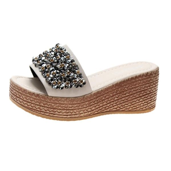 

women casual wedge heel sequins high slippers female summer fashion wild sandals indoor&outdoor, Black