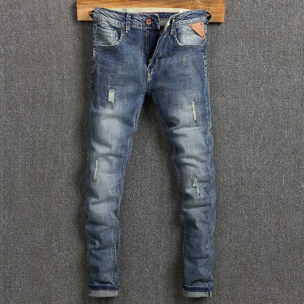 

men's jeans korean style fashion retro blue elastic cotton slim fit ripped for vintage designer denim pants 8kdm