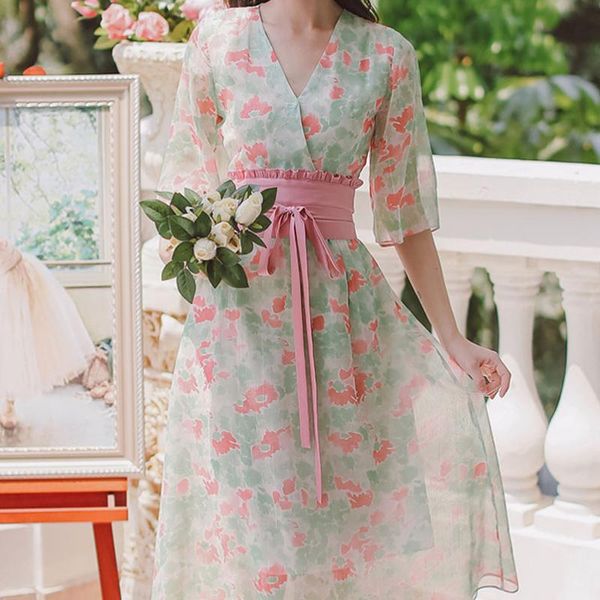 

ethnic clothing kimono japanese style for women short sleeve v-neck floral printing long dresses slim corset lacing thin fairy skirt, Red