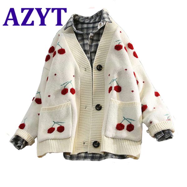 

azyt fruit cherry embroidery knitted cardigan autumn 2021 v neck oversize woman sweater cardigan jacket winter warm knitwear, Black
