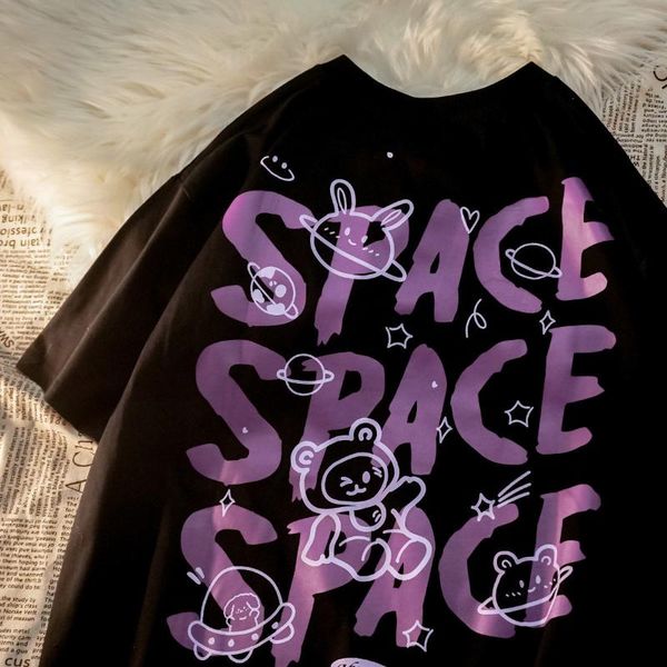 

women's t-shirt cotton bear graffiti short-sleeved space print loose 2021 half-sleeved retro harajuku style couple shirts for women, White