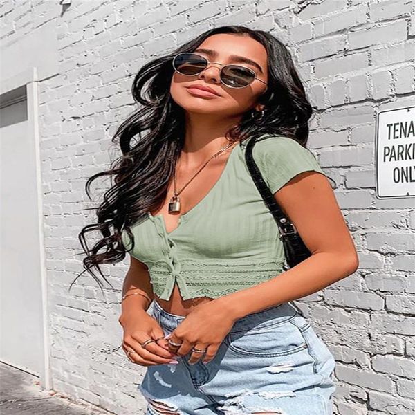 

women's t-shirt 2021 women lace hollow tshirt knit cardigans streetwear short sleeve summer crop button design green ropa de mujer, White