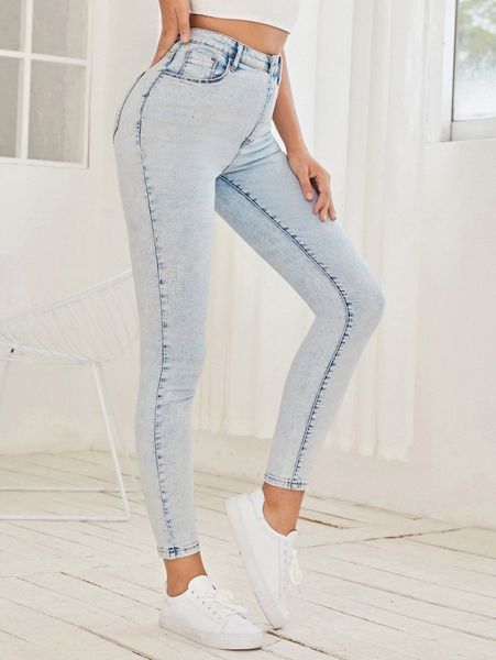 

high waist slant pocket skinny jeans 30rr#, Blue