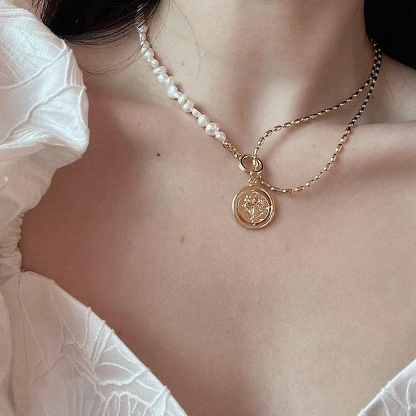 

chokers coin pendant baroque irregular pearl necklace for women vintage flower pattern charm female fashion jewelry accessories, Golden;silver
