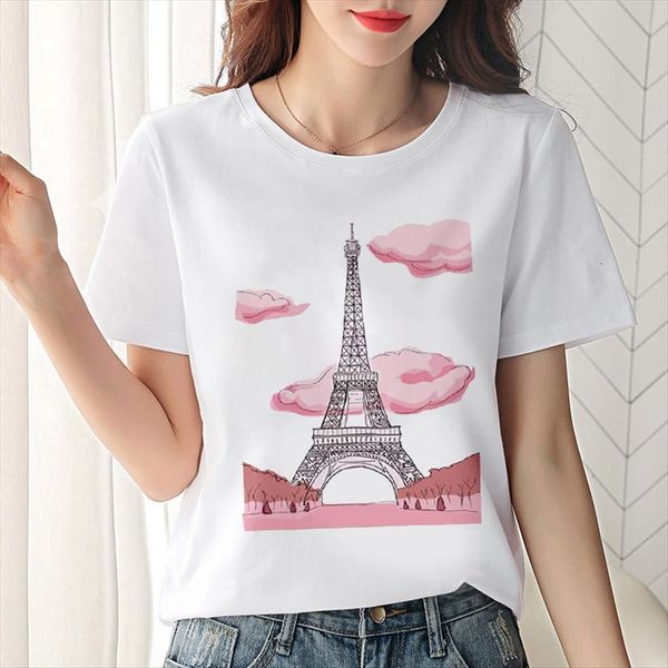 

vogue eiffel tower printing leisure womens short sleeve harajuku kpop style female clothing, White