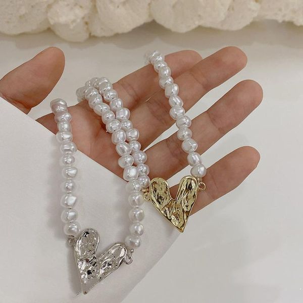 

pendant necklaces origin summer french vintage love heart choker necklace for women girl simulation pearl beaded gold color metal jewelry, Silver