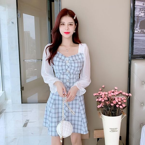 

casual dresses chiffon loose plus size women's mid-length dress fashion long sleeve splicing v-neck autumn houthion, Black;gray