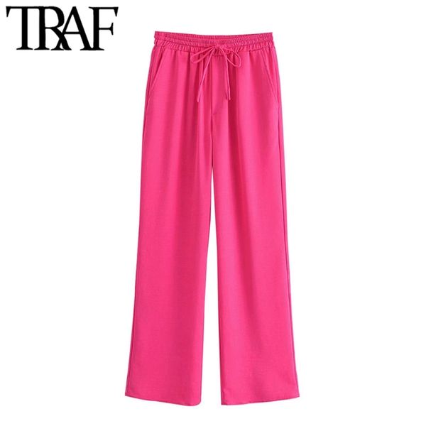 

traf women chic fashion side pockets loose fitting pants vintage high elastic waist drawstring female trousers mujer 210925, Black;white