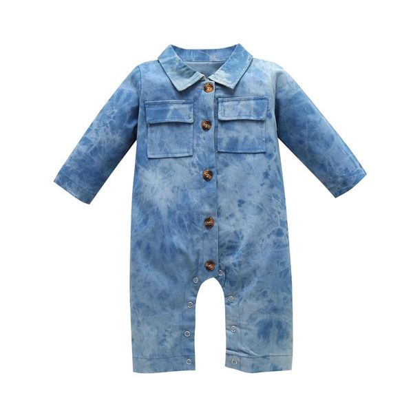 

emmababy 2021 autumn winter 0-24m toddler baby boy girl denim single breasted pockets romper long sleeve lapel outfit clothes, Blue