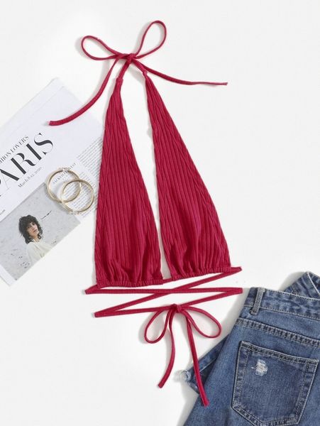 

plunging neck crisscross tied backless halter p9kg#, White