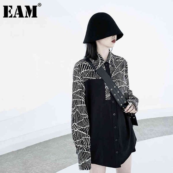 

[eam] women black print asymmetrical long blouse lapel long sleeve loose fit shirt fashion spring autumn 1dd5952 210512, White