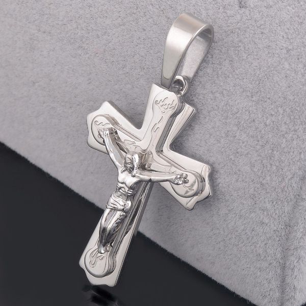 

necklaces pendants 3 layers wholesale jesus cross pendant stainless steel religious holy lord jewelry, Silver