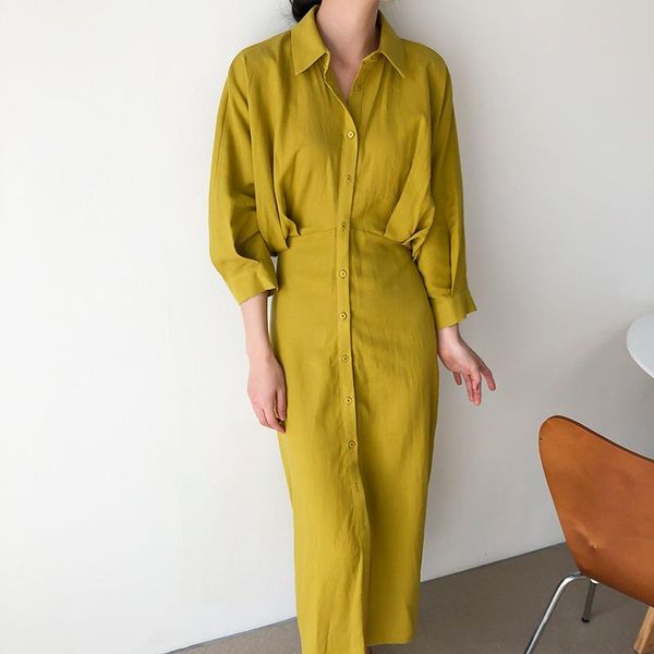 

casual dresses women office wear yellow midi dress long batwing sleeve turn down collar female autumn stylish mid calf qa058, Black;gray