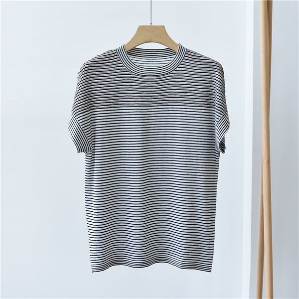 

sweater striped high-end heavy craft silk and linen knitting thin round neck short sleeve women summer style 5ema, White;black